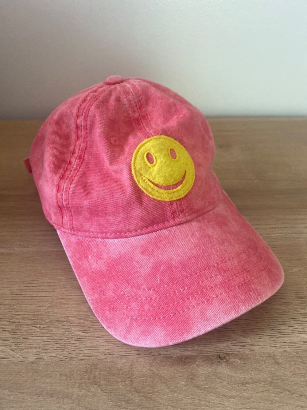 Smiley Face Embroidered Pink Washed Adjustable Baseball Cap - OSFM